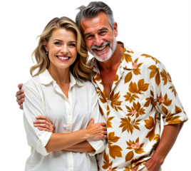 Happy senior couple portrait, isolated on transparent background. Smiling and embracing, studio shot with soft lighting. Perfect for lifestyle, relationship or family themes.