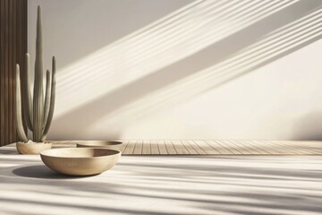 Minimalist desert patio with cactus and wooden deck under striped shadows