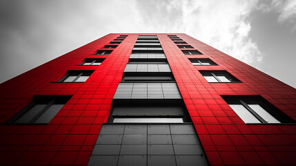 Modern Red Facade High-Rise Building with Dramatic Sky