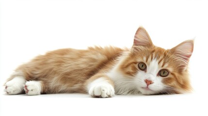 Obraz premium Adorable ginger kitten resting peacefully on a white background in a studio setting with soft light and charming innocence