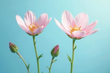 Naklejka premium Delicate Pink Blossoms on a Light Blue Background A Study in Botanical Beauty and Grace