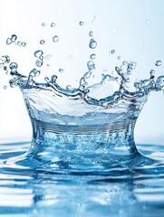 Dynamic water splash with droplets creating a crown shape against a serene light blue background in a studio shot