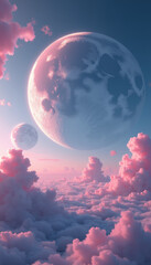 Surreal landscape with three moons in dreamy clouds, celestial wonder