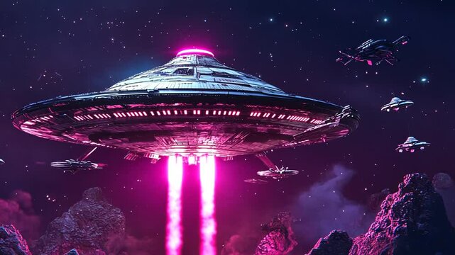 A glowing, futuristic space scene featuring a fleet of alien ships and a large UFO.