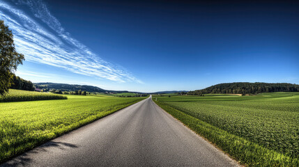 Wide road into distance, flanked by green fields and blue sky. High-definition, horizontal composition. Serene beauty.