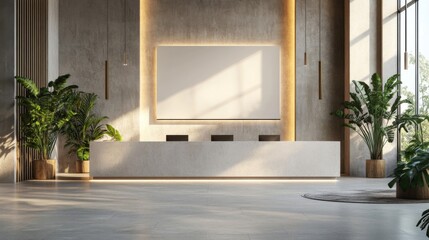 Modern Office Reception Area with Stone Desk and Plants