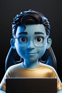 digital blue avatar influencer with laptop 