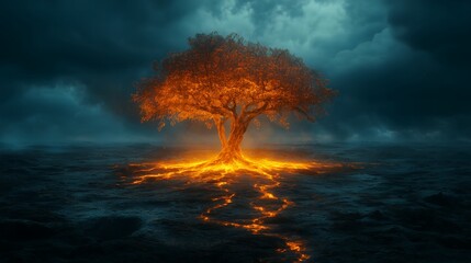 Fototapeta premium Burning tree of desolation: surreal digital art depicting a lone fiery tree in a barren wasteland under a dark, overcast sky—a symbol of struggle, survival, and earth's fragile existence