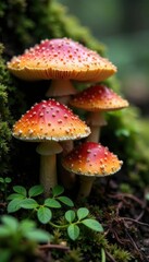 Obraz premium A bed of giant mushroom caps nestled among ferns and moss, natural, texture, enlarge