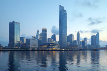 Fototapeta premium Modern cityscape with skyscraper building and reflection from the river
