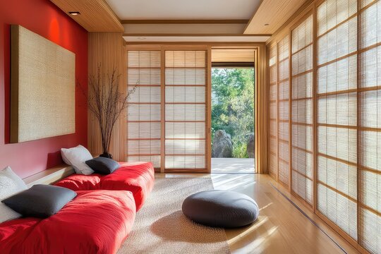 A contemporary Japanese-inspired room with red accent walls, contrasting natural wood elements, and sliding screens.
