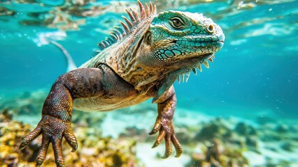 Obraz premium Colorful underwater lizard swimming among coral reefs in clear blue water.