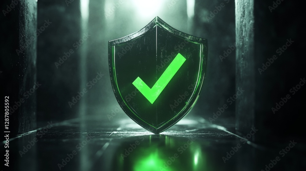 Leinwandbilder illuminated green check mark on a shield in dark environment, symbolizing cybersecurity. digital pro