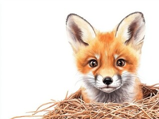 Obraz premium Cute fox peeking out of a nest with a curious expression.