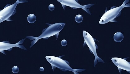 Fototapeta premium Underwater fish pattern, dark blue background, graphic design