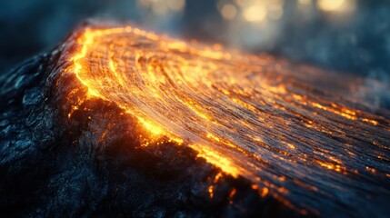 Molten lava flows volcanic peak, night