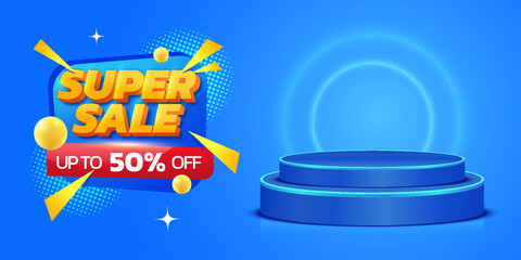 Blue super sale special offer banner template background with podium