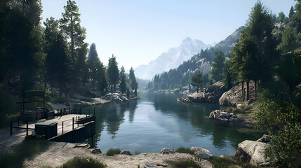 Serene Mountain Lake Landscape with Tranquil Water and Lush Forest
