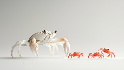 Fototapeta premium Large crab with smaller red crabs on a light background.