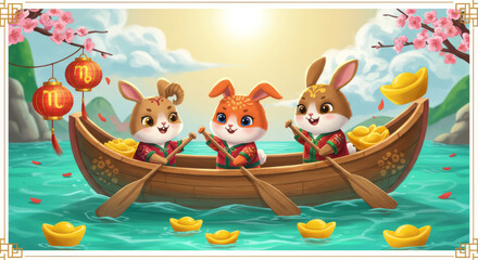 Obraz premium Three cute bunnies rowing a boat filled with gold