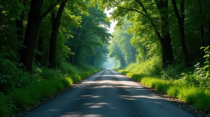 Fototapeta premium Serene Journey Through a Sunlit Forest Canopy A Picturesque Asphalt Road Lined with Lush Green Foliage