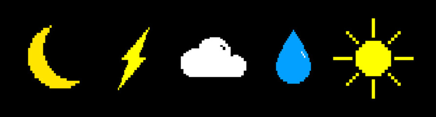 Fototapeta premium Y2k retro style pixelate symbol and object set. Weather symbols. Moon, lightning, cloud, drop and sun. Vector illustration. Design for web, game. 