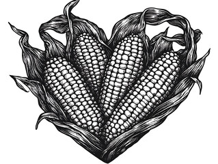 Woodcut Style Sketch of Four Corn Cobs arranged centrally with leaves detailed black and white drawing