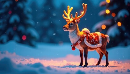 Brightly colored Christmas reindeer wearing a swarf on a snowy night, snowy landscape, bright colors, festive fun