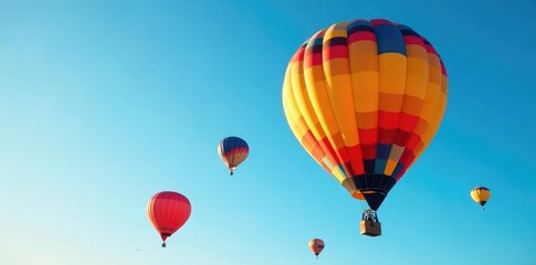 Obraz premium Brightly colored hot air balloons fill the clear blue sky with their shapes, colored, bright, hot air balloons