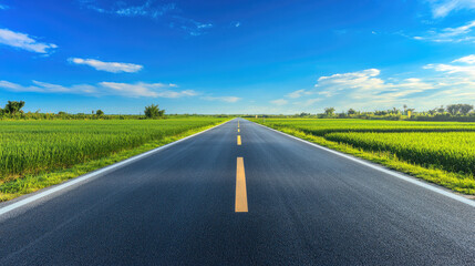 Fototapeta premium Wide road into distance, flanked by green fields and blue sky. High-definition, horizontal composition. Serene beauty.