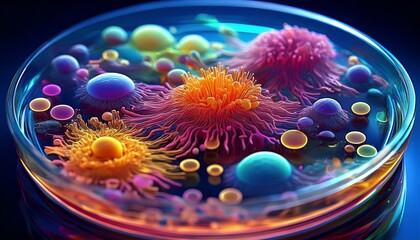 Extreme close-up of bacteria colonies growing on a petri dish, showcasing vibrant colors and organic shapes, highlighting the intricate, natural growth patterns.