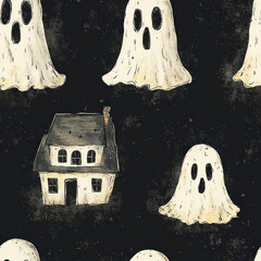 Ghosts surrounding a house on a dark, speckled night, watercolor painting, spooky background