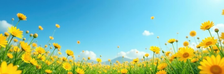 Fototapeta premium Bright yellow flowers scattered on a blue sky background, with golden balls in the foreground, sky, garden
