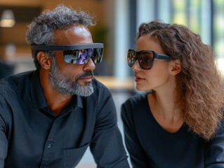 Obraz premium Couple exploring technology with smart glasses indoors