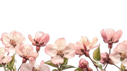 A delicate arrangement of pink cherry blossoms against a white background.