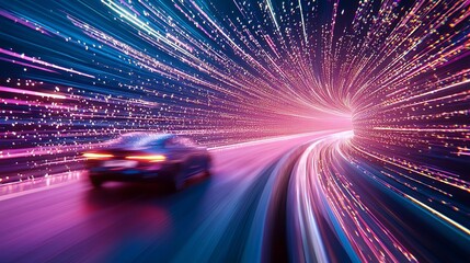 A vibrant motion blur of a car speeding through a colorful light tunnel.