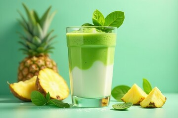 Fototapeta premium Refreshing Tropical Green Smoothie with Pineapple and Herbs in Glass
