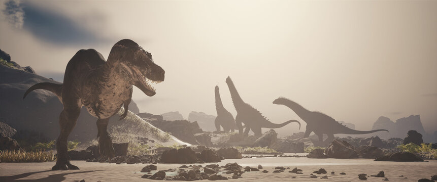 Dinosaur encounter in a prehistoric landscape with a T-Rex and towering sauropods under a hazy sky