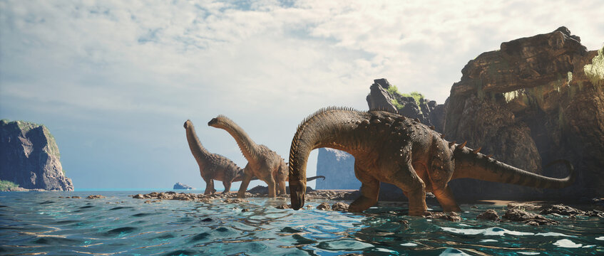 Dinosaurs explore a tranquil shoreline with rocky formations and calm waters under a bright sky