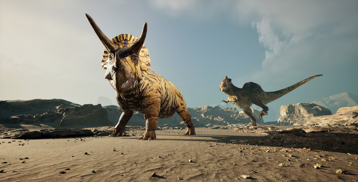 Dinosaurs engaging in a dramatic encounter on a rocky landscape during a bright afternoon