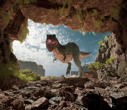 Dinosaur standing in a rocky cave under a bright sky with clouds and vegetation