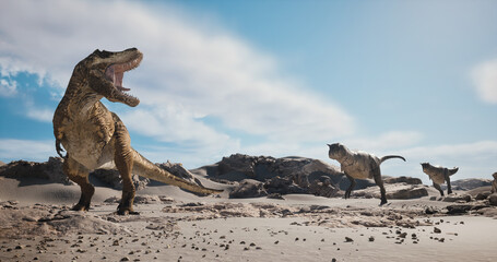 Dinosaurs roaming the desert under a clear blue sky during the prehistoric era © allvision