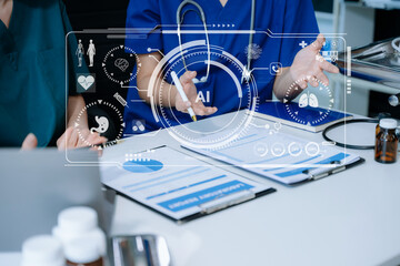 Medical technology, doctor use AI robots for diagnosis and increasing accuracy patient treatment in future.