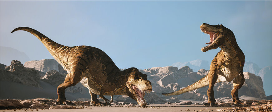 Two majestic dinosaurs roar at each other in a prehistoric landscape during daylight