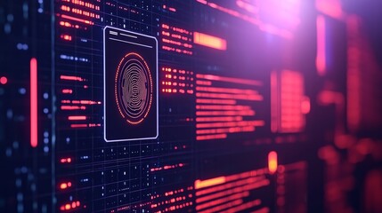 Obraz premium A digital interface showcasing data visualization with vibrant colors and a central emblem.