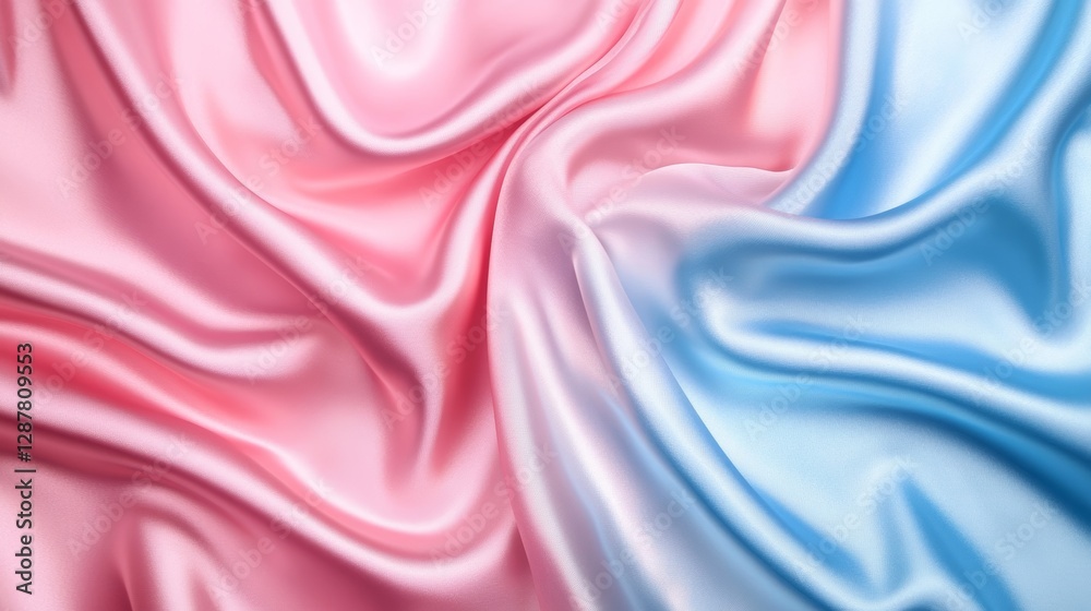 Poster Pink and blue silk fabric in soft folds with smooth texture and soft light. Elegant textile and color harmony concept