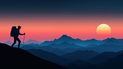 A hiker navigating a mountain landscape during a stunning sunset.