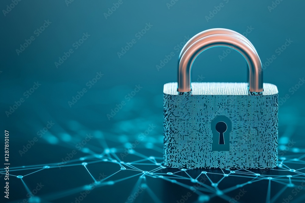 Poster digital padlock on a network background symbolizing cybersecurity and data protection.