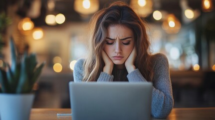 Businesswoman, laptop screen glowing, stressed expression, late hours