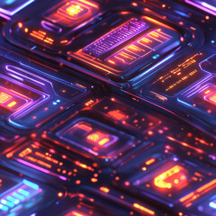 Fototapeta premium Glowing data panels illuminate a dark, futuristic grid with vibrant digital technology